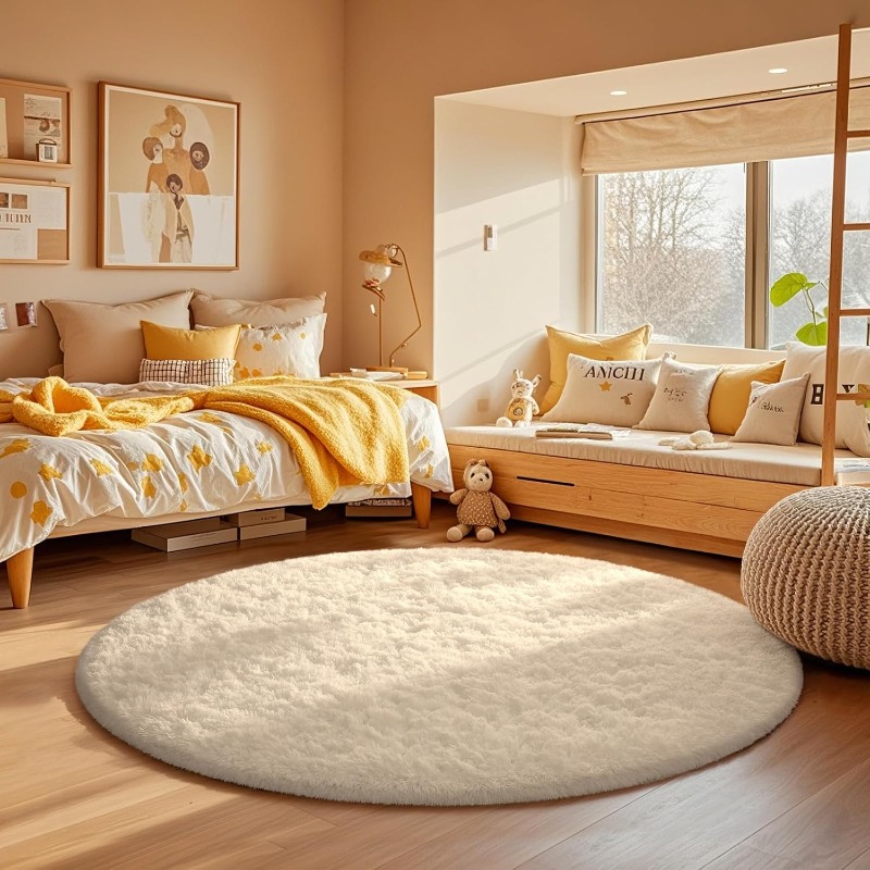Baby Nursery Rug - Karpet Bulat Putih Krim Lembut Berbulu