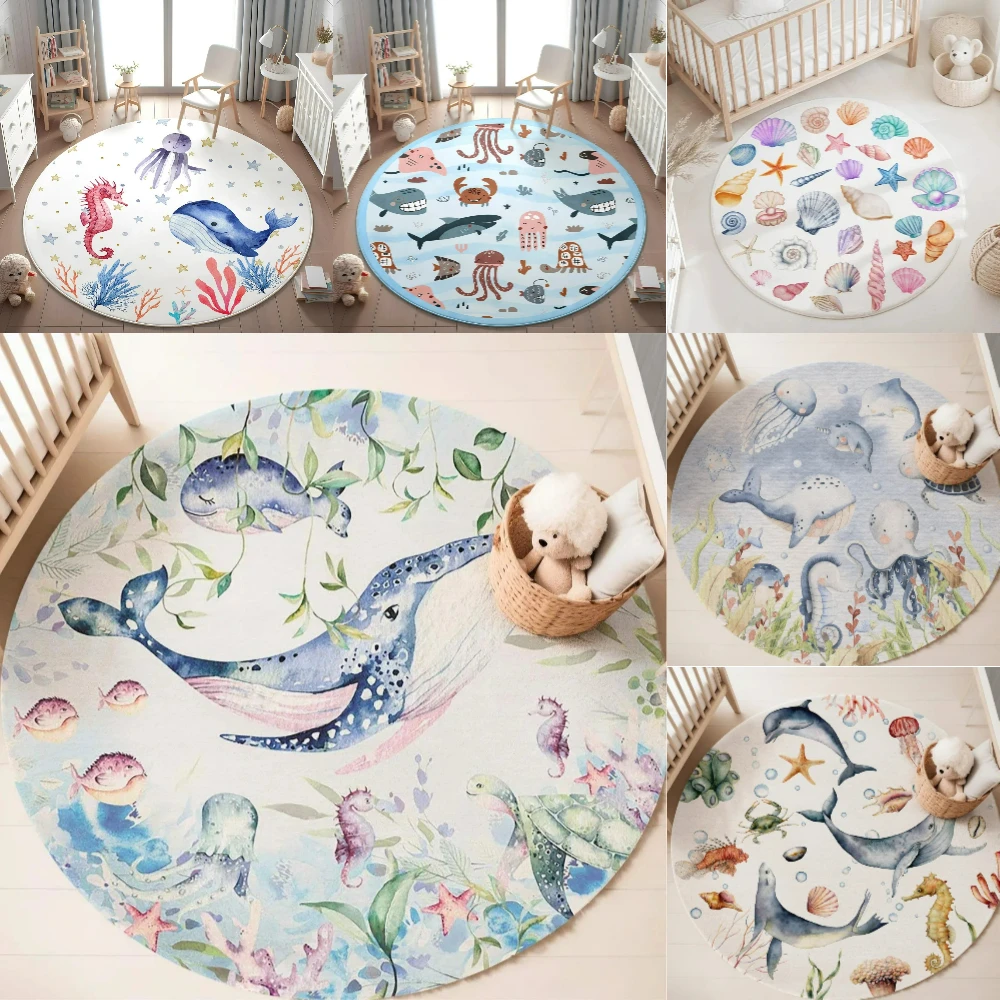 Baby Nursery Rug - Karpet Bulat Motif Hewan Laut Biru
