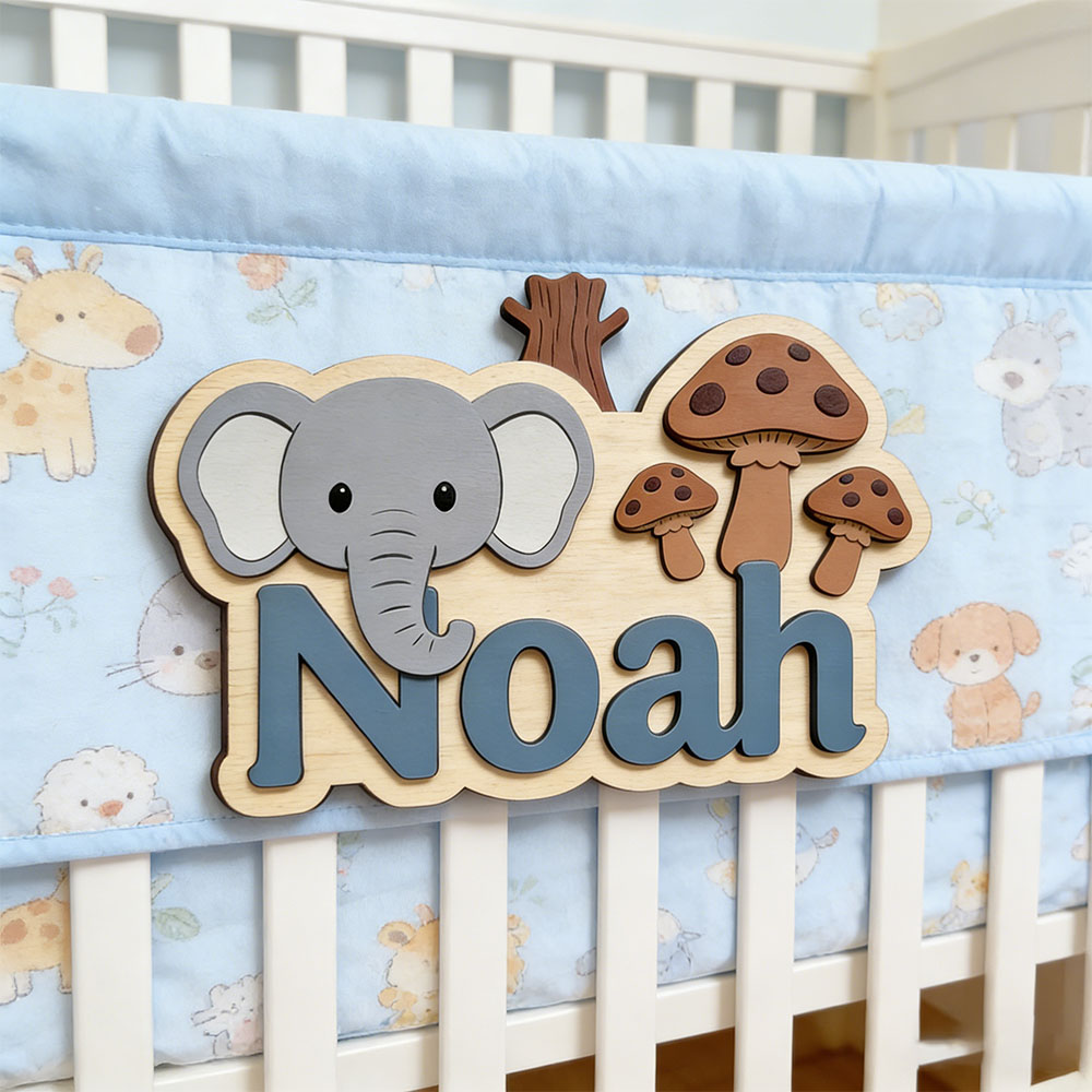 Plakat Nama Gajah & Jamur Kart - Baby Nursery Elephant Theme ulasan dan harga