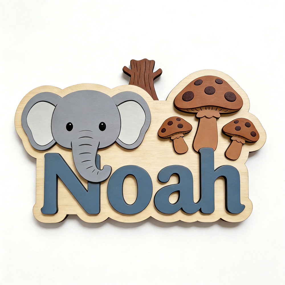 Plakat Nama Gajah & Jamur Kart - Baby Nursery Elephant Theme ulasan dan harga