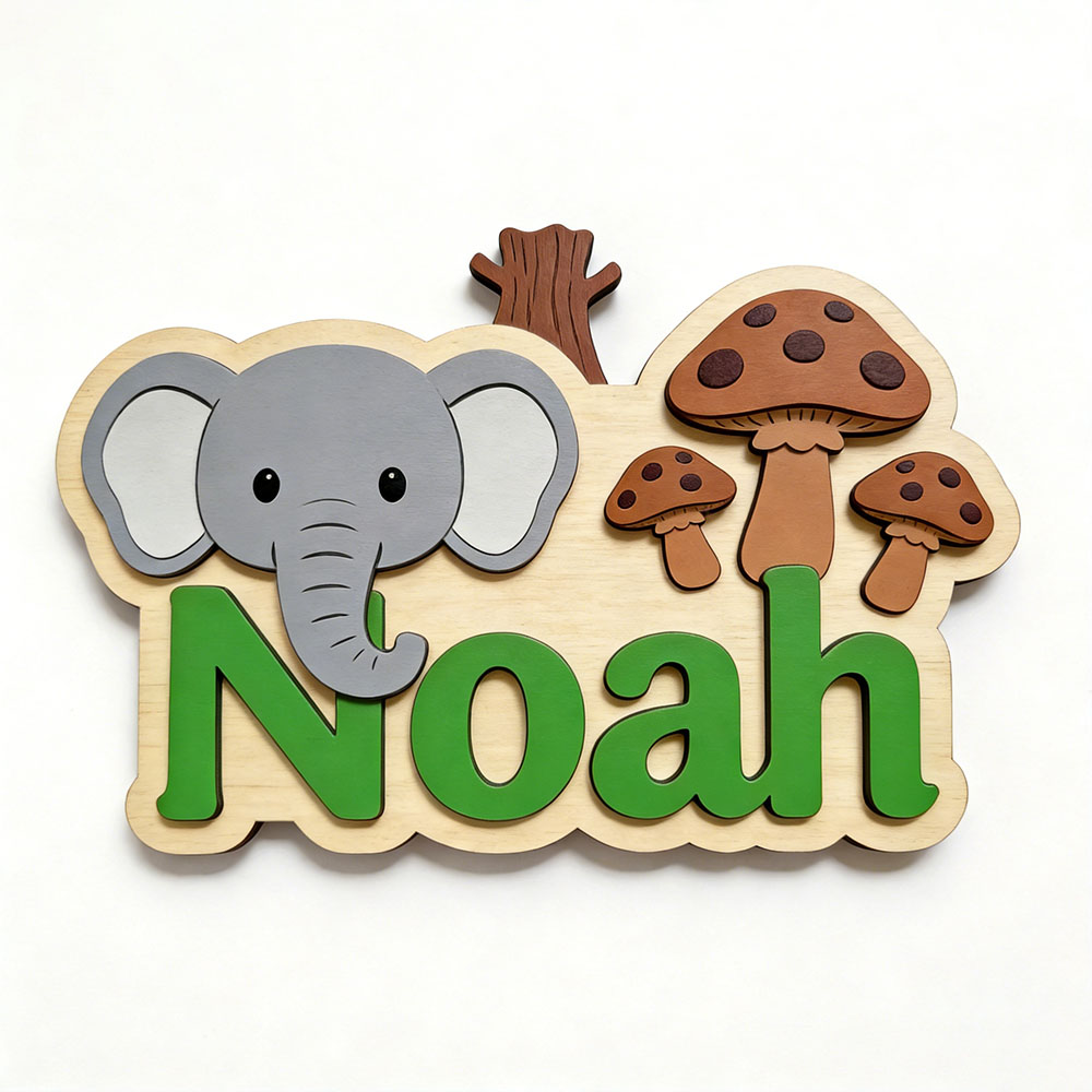 Plakat Nama Gajah & Jamur Kart - Baby Nursery Elephant Theme ulasan dan harga